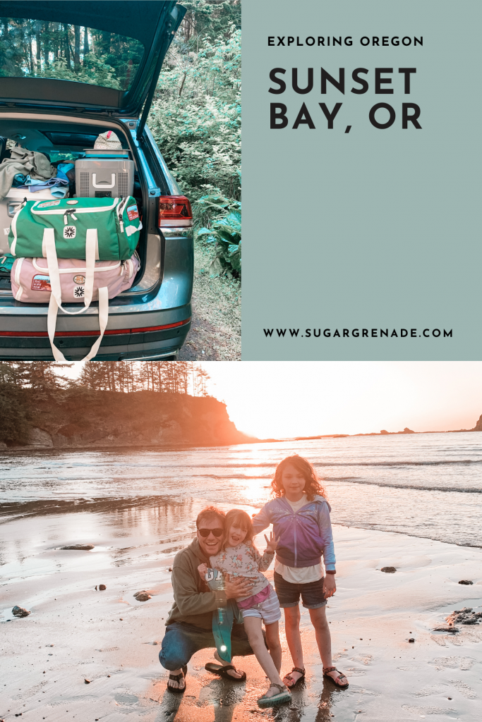 One photo of the open trunk of a car packed with duffle bags and food coolers. The other, a father with his two young daughters on the beach smiling as the  sunsets behind them.