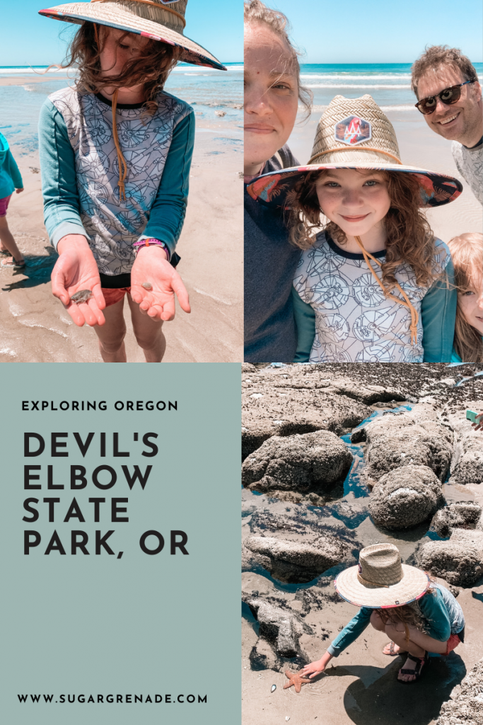 Three photos of a family enjoying the beach, smiling together, and exploring rock pools.